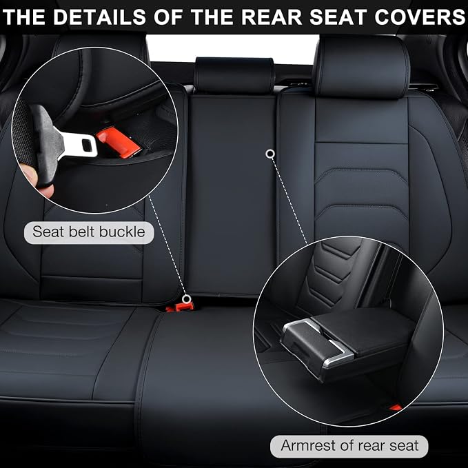 TIEHESYT Black Car Seat Covers Full Set, Breathable Leather Automotive Front and Rear Seat Covers & Headrest for Comfortable Driving, Universal Auto Interior Fit for Most Kinds of Vehicles, Cars