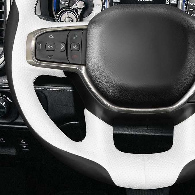 MEWANT Hand-Stitched Steering Wheel Cover Wrap for Dodge Ram 1500 2019-2023 Steering Wheel Accessories for Dodge Ram(Backsides Without Buttons)