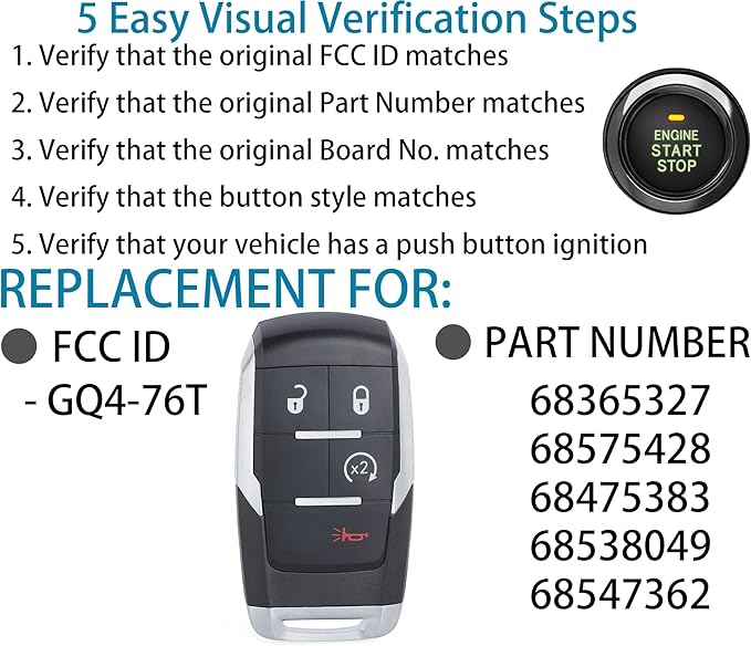 Smart Key for Dodge RAM 2019-2024, Alliskeys Vehicle Proximity Remote Control Key Fob Replacement for RAM 2500 3500 4500 5500 GQ4-76T 68365327