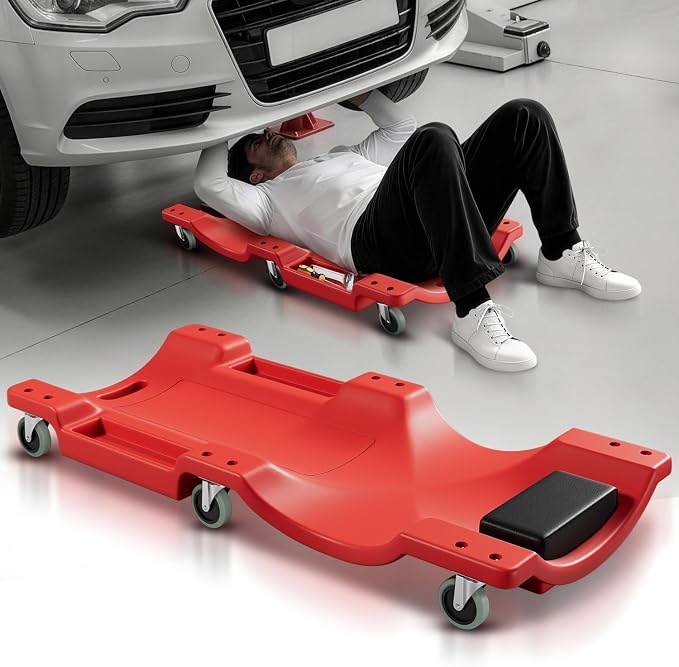 Auto Dynasty 40 Inches Mechanic Creeper, Automotive Garage Repair Low Profile Under Car Rolling Creeper with Padded Headrest, Plastic, Red