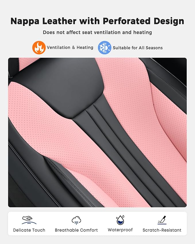 Huidasource Full Set Car Seat Covers, Premium Waterproof Faux Leather, Universal Fit for Most Cars, SUVs & Trucks, Airbag Safe, Quick to Install, Black & Pink