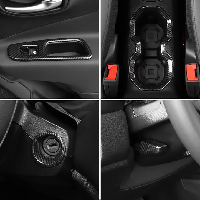 CheroCar 31 PCS Full Set Interior Decoration Trim Kit Steering Button Cover Door Handle Cover Air Outlet Cover Cup Holder Gear Cover Trim Door Speaker Cover for Jeep Renegade 2016-2018,Carbon Fiber