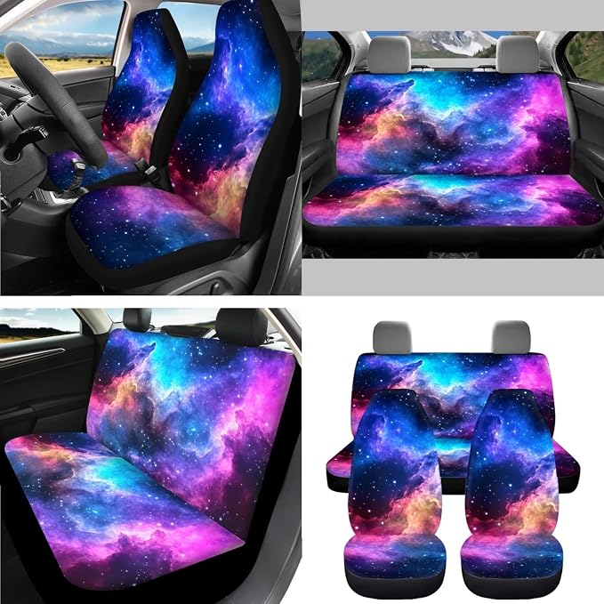 AFPANQZ Nebula Galaxy Car Seat Covers with Steering Wheel Cover, Seat Belt Shoulder Pads, Cup Holder Coasters, Gear Shift Knob and Handbrake Protector Cushion Full Set of 11 for Men Women Gift Navy