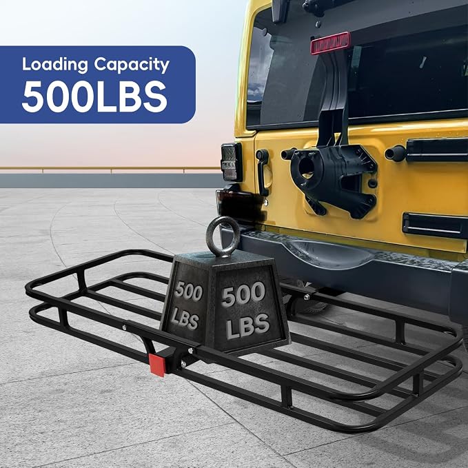 53" x 19" x 5" Hitch Cargo Carrier, 500 Lbs Heavy Duty Trailer Cargo Carrier Basket, Hitch Mount Cargo Carrier with Net, Strap, Tightener, Fits 2" Hitch Receiver for Car SUV Truck Pickup