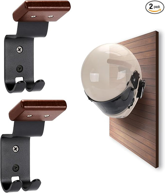 Motorcycle Helmet Holder Wall Mount - Solid Wood & Steel Gear Organizer Rack with 2 Hooks, Heavy Duty Display Hanger for Helmets, Football Gear, Ski Equipment, Hats, Jackets - 2 Pcs