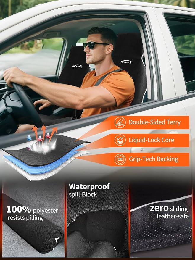 Car Seat Towel Cover Front & Rear Set, Waterproof Sweatproof Non-Slip Seat Protectors – Dual-Layer Microfiber Terry – Universal Fit for Cars, Trucks, SUVs – Embroidered Design (Black, 3 Pack)