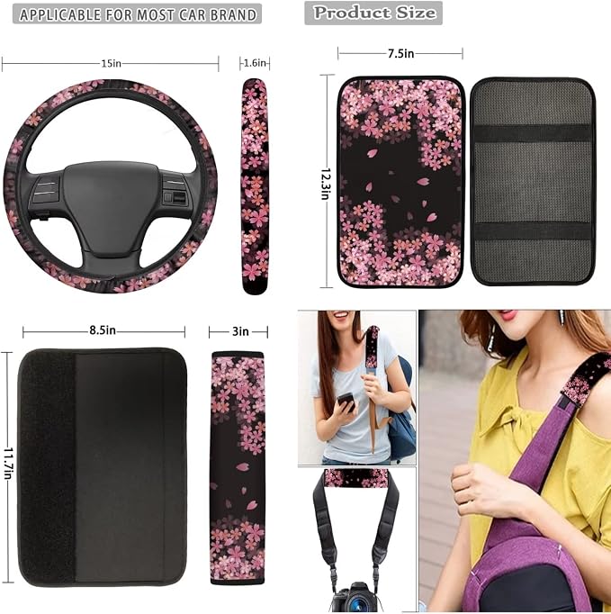Mumeson Cherry Blossom Car Seat Covers Full Set and Steering Wheel Cover,Seat Belt Covers,Car Interior Armrest Cushion Pad Full Set of 8 Pack Auto Interior Decor Accessories Pink
