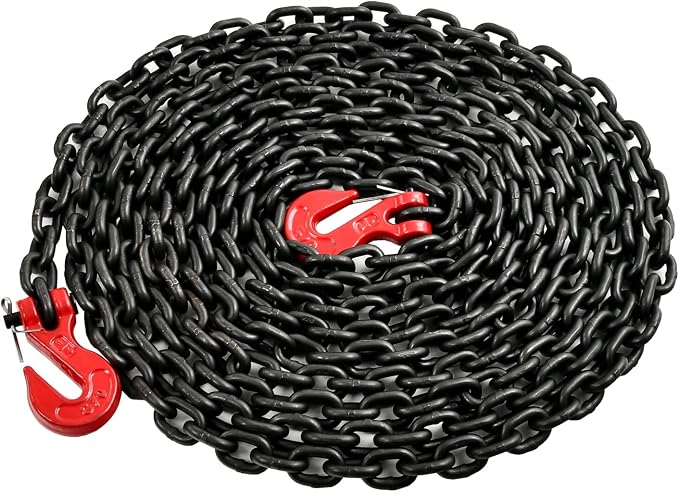 1/4 Inch x 20 Feet Transport Binder Chain G80 Safey Tow Chain with Red Grab Hooks 3300 Lbs Safe Work Load for Transporting Towing Tie Down Binding Equipment