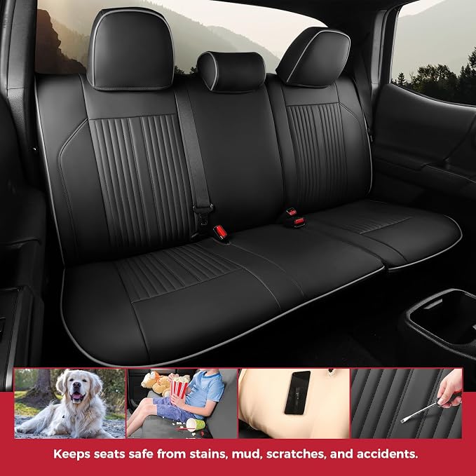 FREESOO Leather Car Seat Covers Fit for Toyota Tacoma 2016-2023 Full Coverage Seat Cover for Double/Crew Cab SR/SR5/Limited/TRD Pro/TRD Sport, Pickup Truck Seat Covers (5 Seats, BlackGrey)