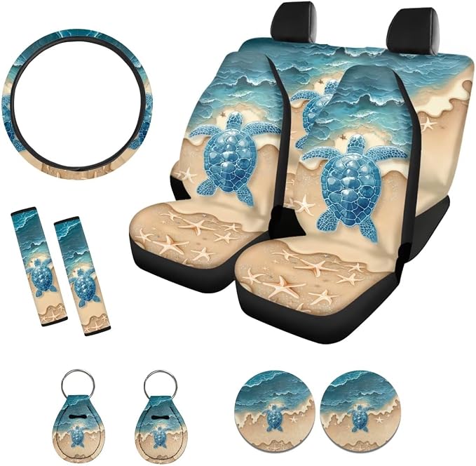 Suobstales Beach Turtle Starfish Print Car Accessories Car Seat Covers for Women Full Set with Steering Wheel Cover + Seat Belt Covers Shoulder Pads + Coasters + Keychains Interior Cover Set of 11