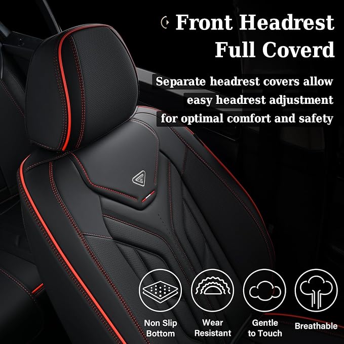Coverado Seat Covers, Car Seat Covers Full Set, Leather Seat Covers for Cars, Automotive Seat Covers Car Seat Protector Car Accessories Fit for Most Sedans SUV Pick-up Truck(Black&Red)