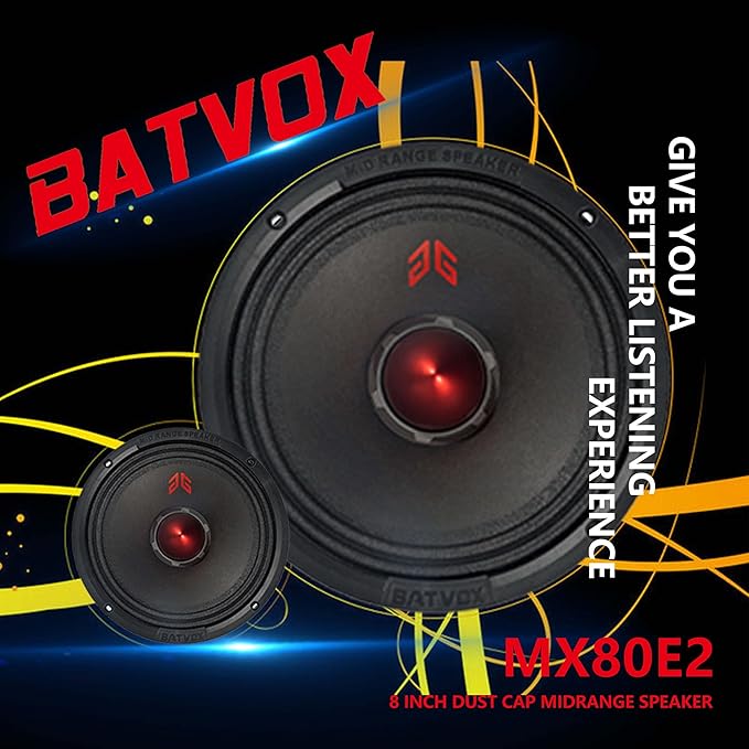 MX80E2 Loudspeaker 8 Inch Midrange 640 Watts 4 Ohms Red Bullet, Premium Quality Audio Door Speakers for Car or Truck Stereo Sound System, Black (2 Speakers)