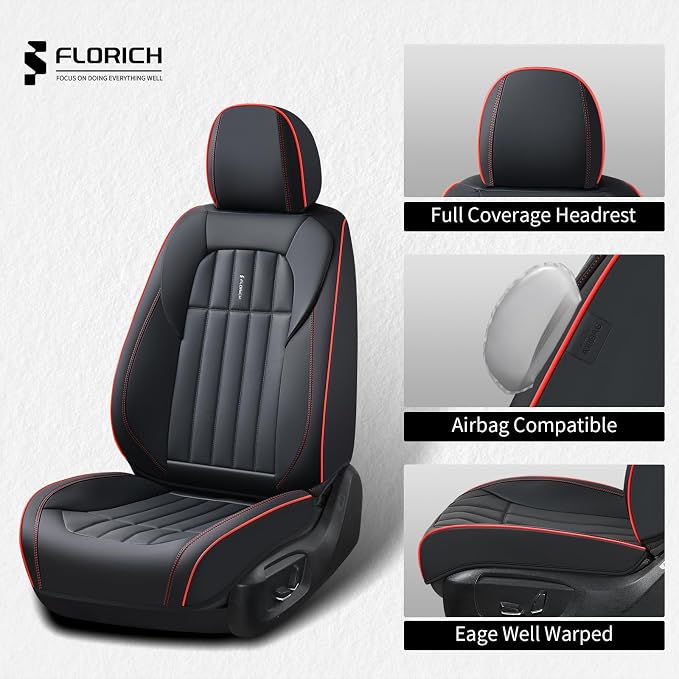 FLORICH Leather Seat Cover, Car Seat Covers Front Set, Waterproof Car Seat Protectors, Front Seat Covers 2 Pack, Automotive Seat Covers Protector Fit for Most Cars Trucks SUV - BlackRedLine
