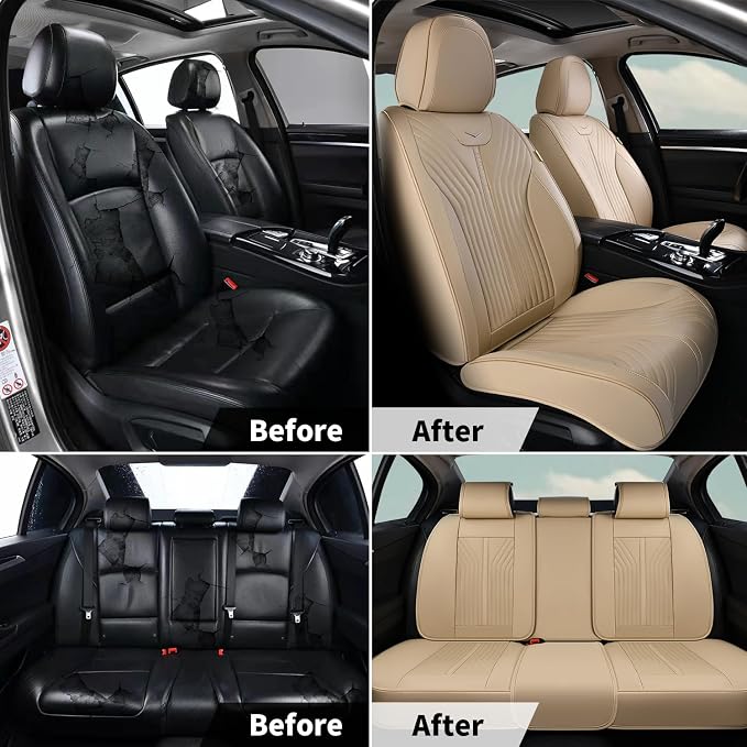 FLORICH Front Seat Cover Car Seat Covers for Front Seats Waterproof Leather Truck Seat Cushion Protector Universal Fit for Most Cars Trucks SUV, Beige