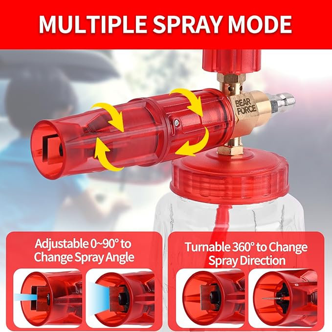 BEAR FORCE Pressure Washer Brass Foam & Foam Cannon Dual-Connector Accessory with 1/4” Quick Connector & 1.25mm & 1.10mm Orifice Nozzle, 360° Adjustable Thicker Snow Foam with 32 oz Soap Car Wash