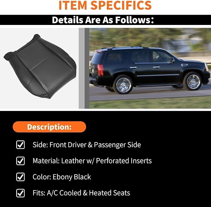 2 PCS Black Bottom Seat Covers Compatible with Escalade 2007-2014 Driver & Passenger Leather