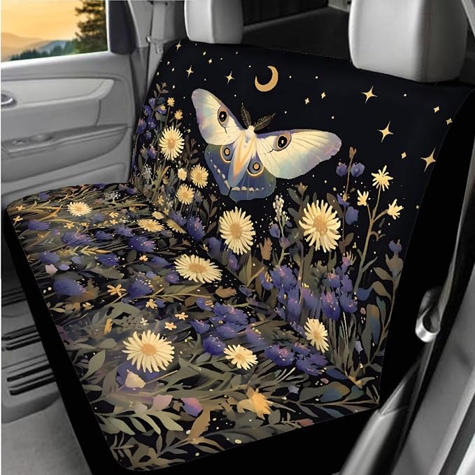Moon Butterfly Print Car Seat Covers Full Set for Women, Auto Steering Wheel Cover Car Armrest Pad Protectors Auto Seat Belt Pads, Automotive Interior Accessories - 8 Pack