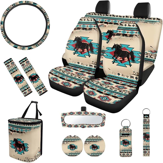 Car Seat Covers Set 12 Pieces Aztec African Tribal Horse Seat Belt Pad Cover Steering Wheel Cover Car Trash Can Rear View Mirror Cover Coasters Keychain Holder Keychains