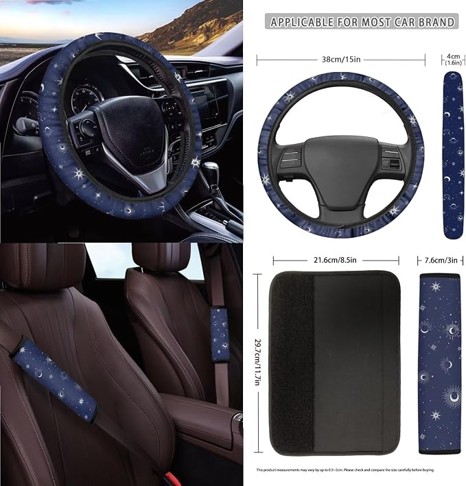 Wanyint Sun Moon Star Car Seat Covers Front Rear Split Bench Full Set Steering Wheel Cover Seat Belt Pads Coasters Trash Bin Hanging Storage Bag Cup Holders Rearview Mirror Cover Key Ring, 15 PCS