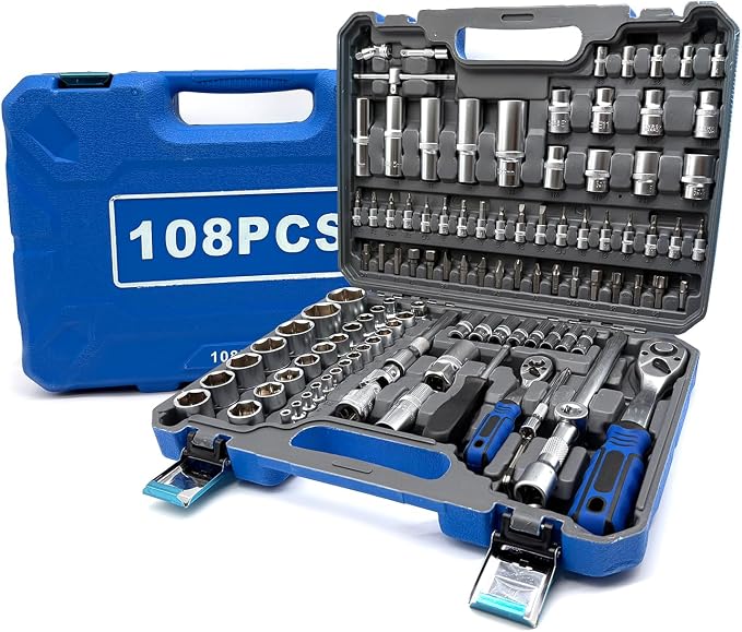 108 Pcs 72-Tooth Ratchet Socket Set, 1/2" & 1/4" Drive Set | Automotive Tool Set for Car Repair - Heat-Treated Alloy Steel The Latest Technology Metric Car Tool Set