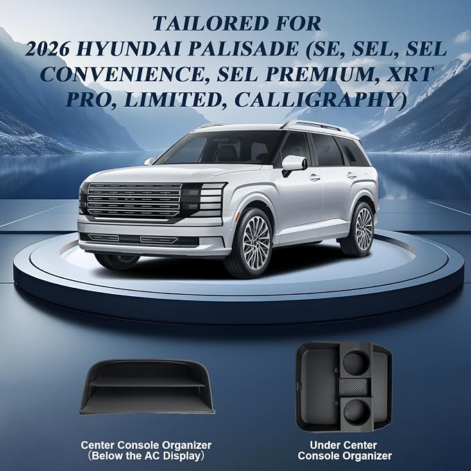 BIBIBO 2Packs for 2026 Hyundai Palisade Center Console Organizer 2026 Hyundai Palisade (SE, SEL, SEL Convenience, SEL Premium, XRT Pro, Limited, Calligraphy)Under Console Insert Tray+Divider Organizer