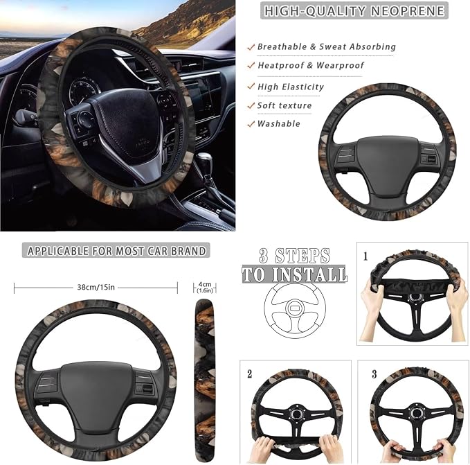 Horse Pattern Print Auto Accessories Set of 10, Car Font and Back Seat Covers Full Set Steering Wheel Cover Cup Coasters Keychain Car Trash Can Air Vent Storage Pounch for Women Men