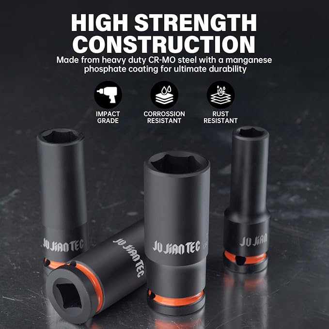 31-Piece 1/2" Drive Deep Impact Socket Set, SAE & Metric (3/8"-1-1/2" & 10-24mm), 6-Point Cr-Mo Steel for Auto Repair, with 3" Extension Bar, Sturdy Storage Case