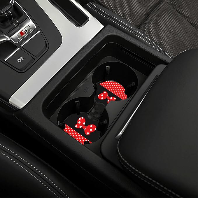 Cute Black Polka Dot Red Bow Car Seat Headrest Cover and Steering Wheel Cover Car Coaster Set