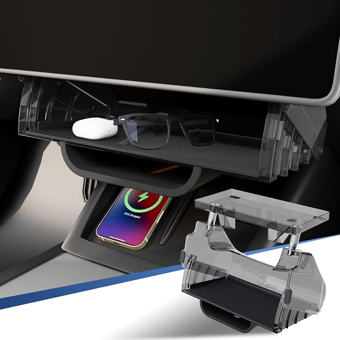 for Tesla Model Y Juniper & Model Y L Under Screen Storage Organizer 2025-2026/Model 3 Highland 2024-2026, Hideable Center Console Organizer Tray for Model Y Juniper Accessories, Black