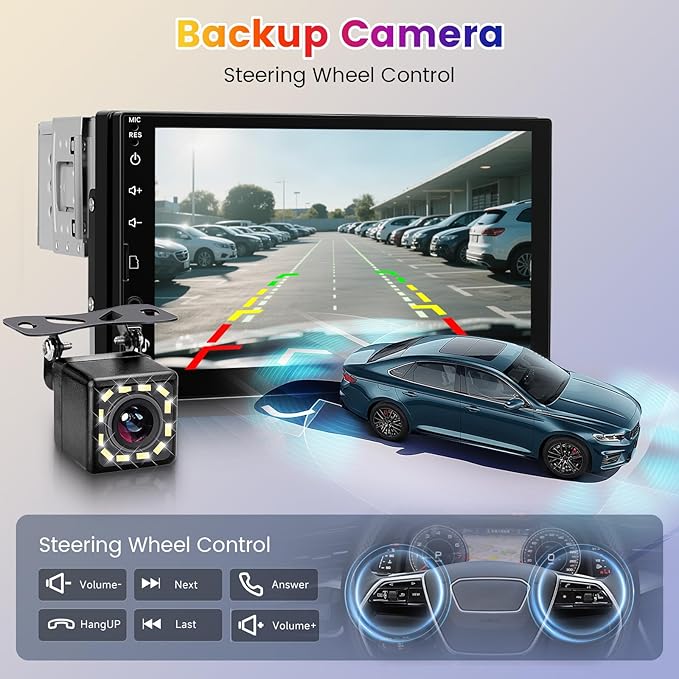 Single Din Car Stereo with Wireless CarPlay Android Auto, 7 Inch LCD Touch Screen Car Radio Bluetooth/MirrorLink/FM/EQ/USB/SWC/Type-C Charging + Backup Camera