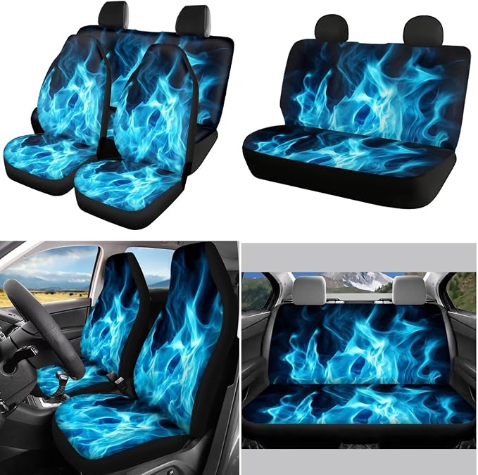 POLERO Blue Fire Car Seat Cover Set for Men Flame Steering Wheel Cover Sets 11pcs with Seatbelt Shoulder Pads Cupholder Coasters Keychains