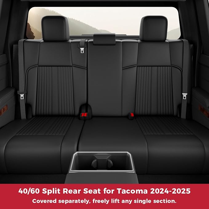 FREESOO Custom Fit Leather Tacoma Seat Covers Full Set Gen 4Th 2024-2026 Double Cab, for Sr/Sr5/Trd Prerunner/TRD Sport/TRD Off-Road/Limited, Seat Covers for Tacoma (5 Seats, Black)