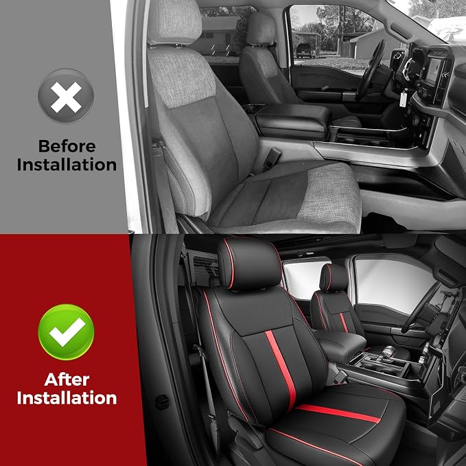Faux Leather Front Seat Covers for Ford F150 2015–2025 2026 (XL, XLT, Not Regular Cab), Exact Fit 1st Row Bucket Seat Protectors,Truck Interior Accessories for F-150 Black/Red