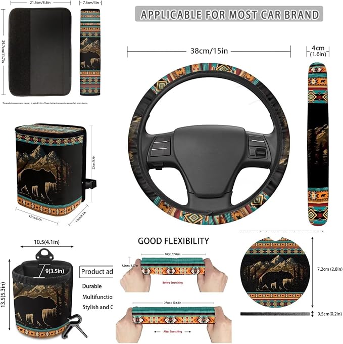 Dreaweet Mountain Bear Aztec Seat Covers for Cars Full Set 15 Pcs Universal Tribal Steering Wheel Cover Seat Belt Pads Car Coasters Trash Bag Air Vent Storage Pouch Rear View Mirror Cover Keychain