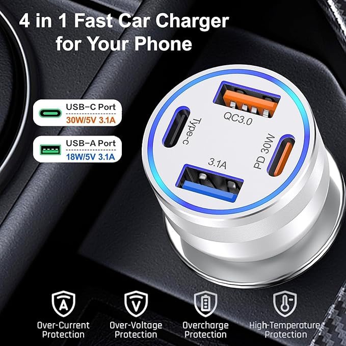 65W Car Phone Charger USB C, 5 Pack 4-Port Cigarette Lighter Adapter, 12V USB C Fast Car Charger Type C Car Adapter, Car Accessories for iPhone 17 16 15 14 13 12 Pro Max,Galaxy,Pixel,iPad,Android