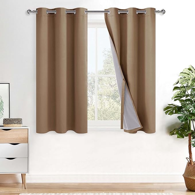 XWZO Full Shading Blackout Curtains 45 Inches Length - Heat and Light Blocking Ring Top Window Drapes with Black Liner Backing for Bedroom Sewn with Tiebacks, Cappuccino, W38 x L45, Set of 2 Panels