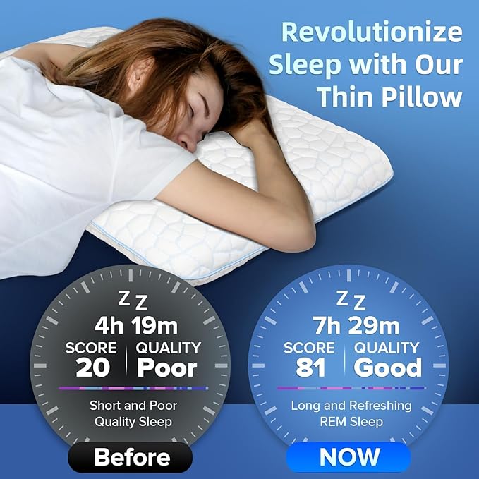 Ultra Thin Flat Pillows for Sleeping,Cooling Slim Memory Foam Pillow 2.25 in Height Ultra Thin Pillow,Low Profile Sleeper Pillows for Stomach Sleeper for Neck and Back Support Stomach sleeping pillow