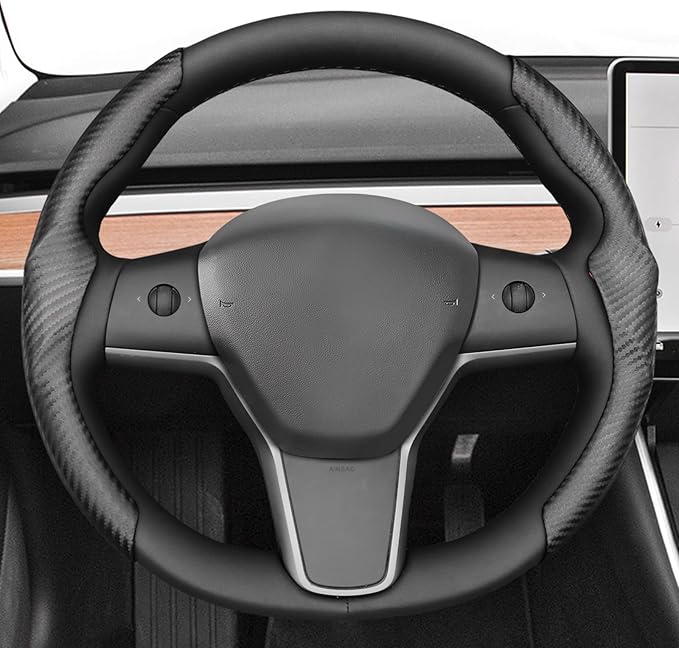 Mewant Custom-Fit Steering Wheel Cover for Tesla, Telsa Model 3 / Y Carbon Fiber Segmented Steering Wheel Cover for Men/Women, Anti-Slip, Comfortable, Model 3 / Y Accessories (Black)