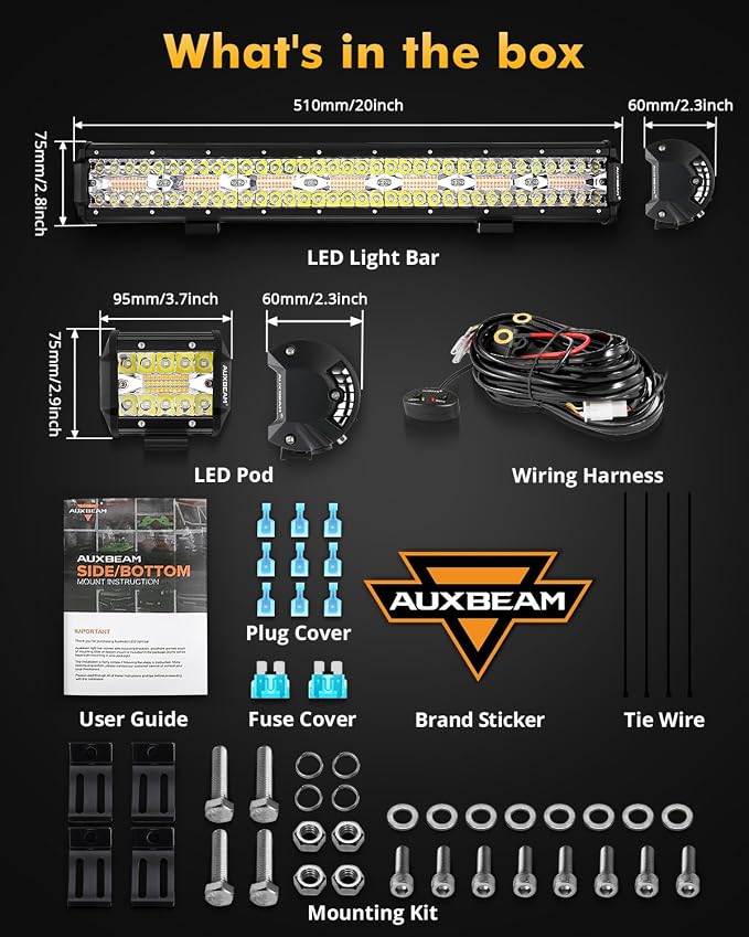 Auxbeam 4-Inch LED Pods with 20-Inch LED Light Bar Offroad Combo Set 3-Pack | 6 lighting modes series, Amber white dual color, Strobe fog lights, Flash/warning/signal, Spot flood combo beam