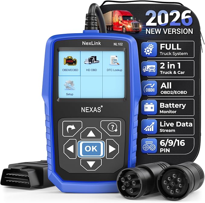 NEXAS NL102 Heavy Duty Truck Diagnostic Scanner for Diesel Trucks, HD Code Reader with Live Data & DTC Lookup, J1939/J1708 Truck Scan Tool for Cummins, Freightliner, Detroit, PACCAR, Class 4-8 Trucks