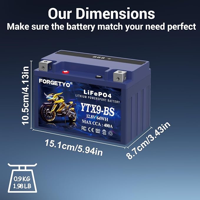 Lithium YTX9-BS, LiFePO4 Motorcycle Battery, 12V 5AH 400A ATV, UTV, Jet Ski, 4 Wheeler,Snowmobile,Tractor and Generator Battery