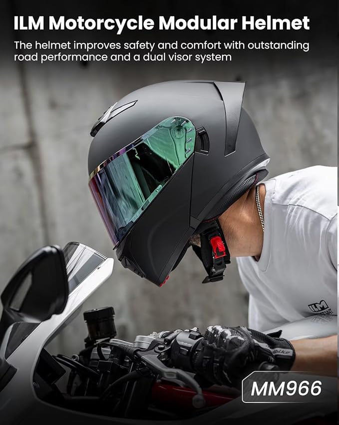 ILM Modular Motorcycle Helmet for Adults Full Face Flip up Riding with Dual Visor Street Bike Racing DOT Model MM966 (Matte Black Colorful, M)