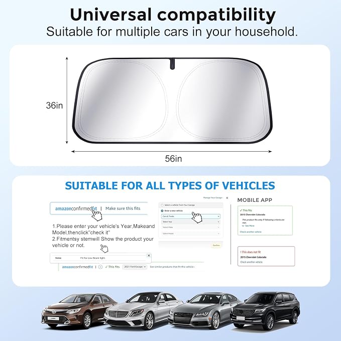 [Upgrade] DooGooCoo Windshield Sun Shade - Small, Sunshade for Car Windshield [100% Sunlight & UV Block] Car Sun Shade Windshield Protect & Keep Car Cooler Foldable Front Windshield Shade (57x29 in)