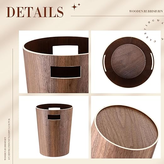 Threehoney 2 Pack 2.3 Gallons Wood Trash Can Wastebasket Natural Wood Round Wastebasket Small Trash Bin for Home, Office Under Desk, Kitchen, Bedroom, Hotel, Room (Walnut Color,Flat)