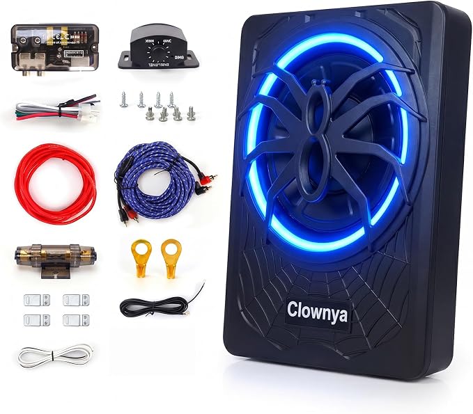 10" 1200W Car Subwooferr - Underseat Subwoofer with Built - in Amplifier, Aluminum Enclosure, High/Low Level Inputs, Blue LED Light and Wired Remote for Truck, SUV, car, Jeep and MPV