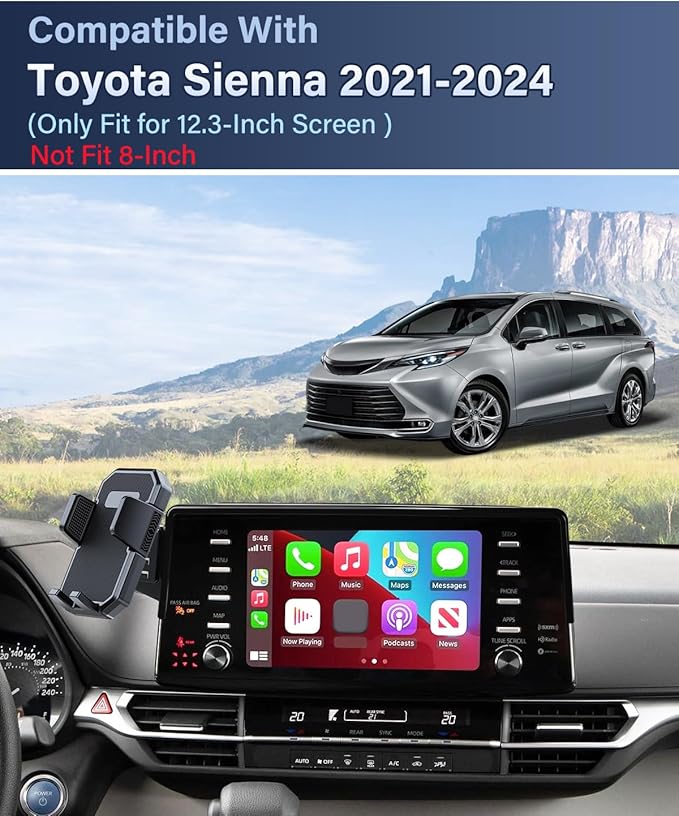 PZK Car Phone Holder for Toyota Sienna 2021-2024 Accessories XLE/XSE/Limited/Platinum 12.3-Inch Screen Fixed Clip Auto Lock Car Phone Mount for 4-7 Inch Phones with Sunglasses Storage Box 360° Rotaion