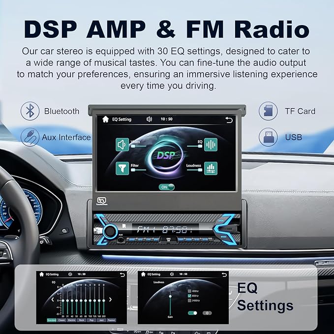 2026 7-inch Motorized Flip-Out Single Din Car Stereo with Apple CarPlay & Android Auto, Bluetooth, HD Touchscreen, Backup Camera, USB/SD/AUX Input, AM/FM Radio, Subwoofer Support & DSP