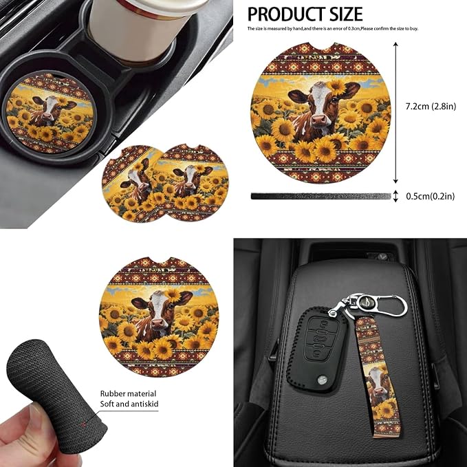 14Pack Western Cow and Sunflower Car Seat Covers Cow Auto Accessory Full Set+Steering Wheel Cover+Seatbelt Pads+Handbreak Cover+Vehicle Coaster+Keychain+Car Rear View Mirror Cover for Women