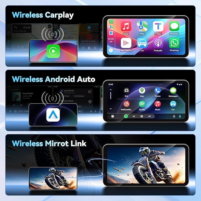 Motorcycle CarPlay Screen with Wireless Apple CarPlay Android Auto,6.25 Inch Waterproof Touch Screen, GPS Navigation for Motorbike Supports GPS Navigation/Mirror Link/Bluetooth Transmission