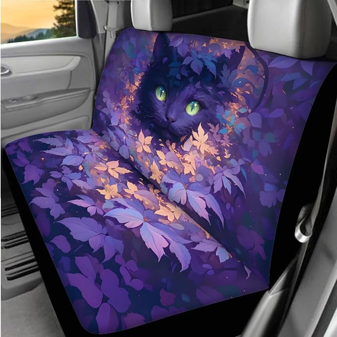 Cute Black Cat Car Interior Accessories for Women, Car Seat Covers Full Set with Auto Steering Wheel Cover Center Console Pad Seat Belt Covers, Auto Decorations Set of 8
